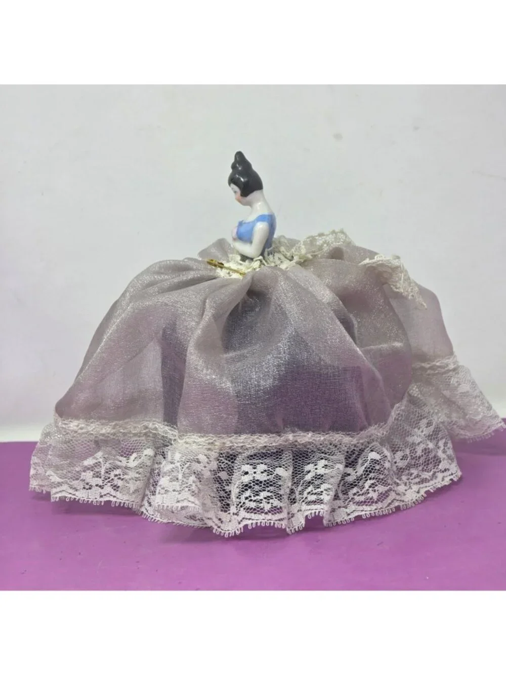 Antique Style Porcelain Half Doll Pin Cushion Lace Skirt Sewing Figurine